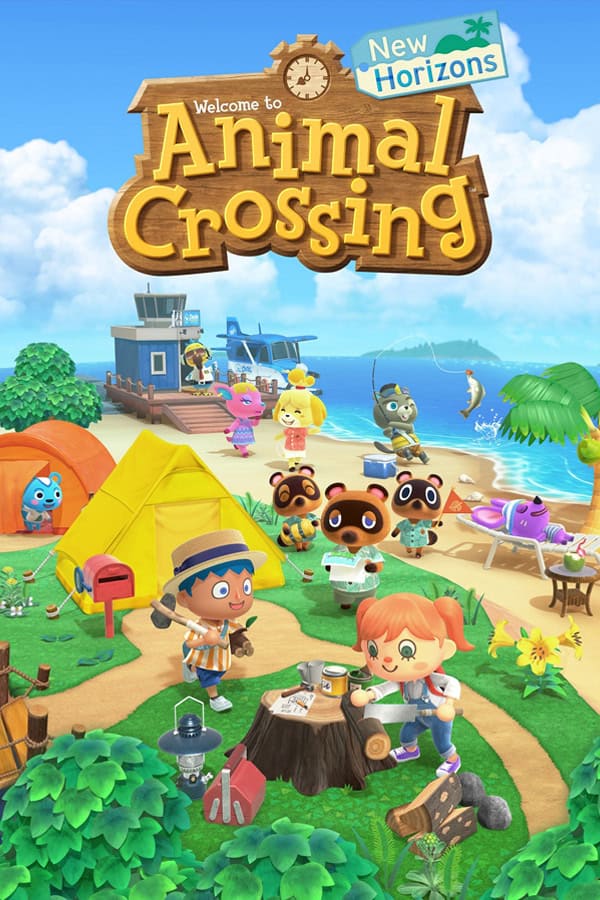 The official cover art for Animal Crossing: New Horizons showing the island, several playable characters and animals.