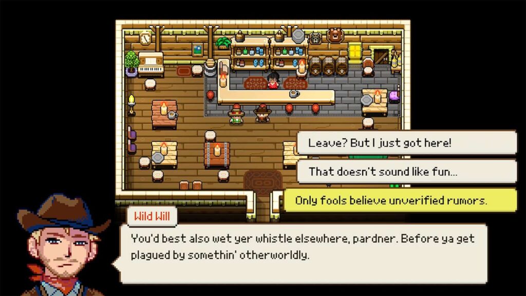 An official screenshot from my demo of Cattle Country, showing one of the game's character events.