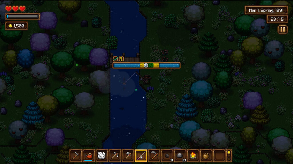 An official screenshot from my demo of Cattle Country, showing the game's fishing mechanic.
