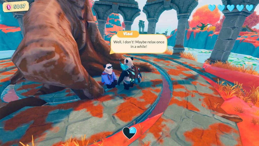 An official screenshot of Dancing Pandas: Ranger's Path showing me speaking with an NPC and talking about relaxtion.
