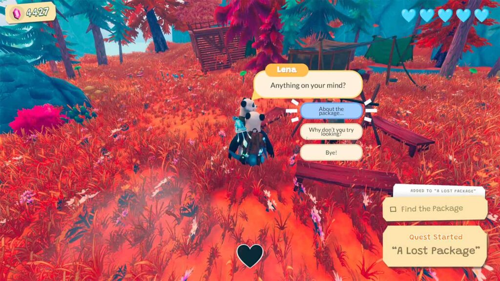 An official screenshot of Dancing Pandas: Ranger's Path showing me interacting with a panda looking for their missing mail.
