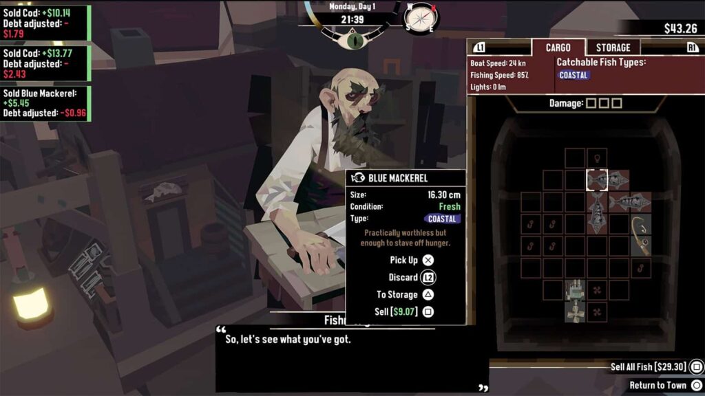 A screenshot from my Dredge game showing the Fishmonger of Greater Marrow.