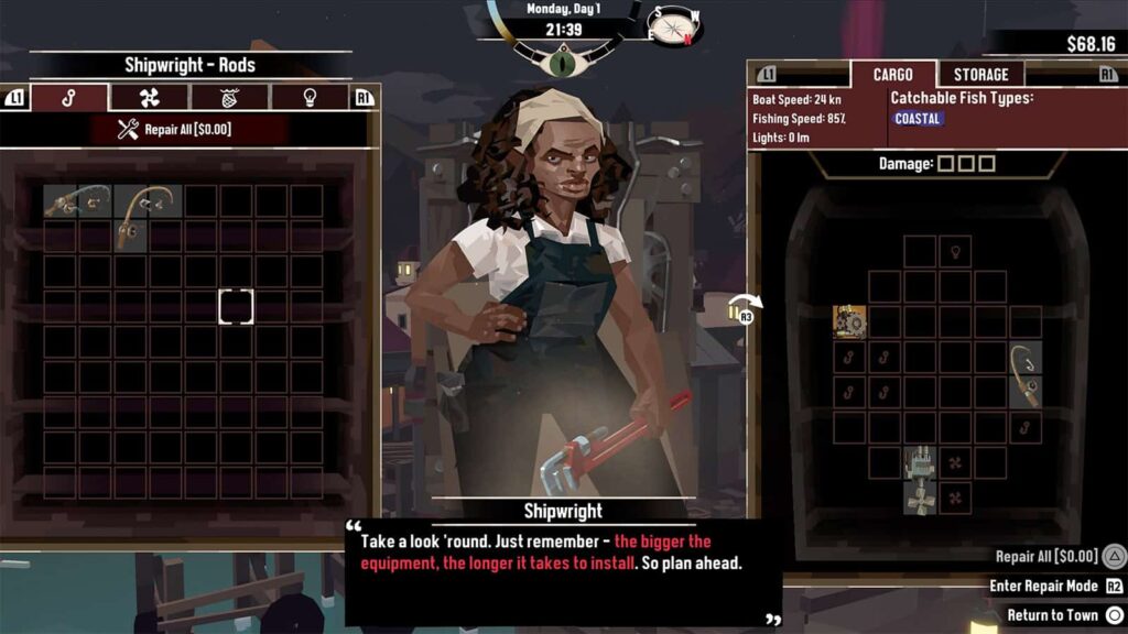 A screenshot from my Dredge game showing the Shipwright of Greater Marrow.