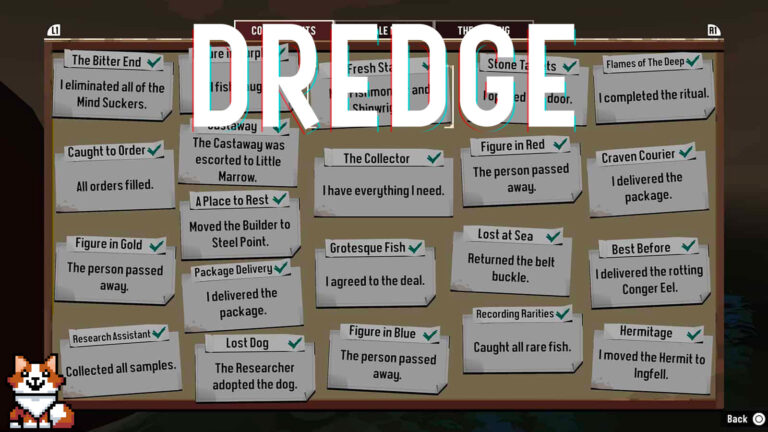 A screenshot from my Dredge game showing all of the Pursuits in the base game and DLCs.