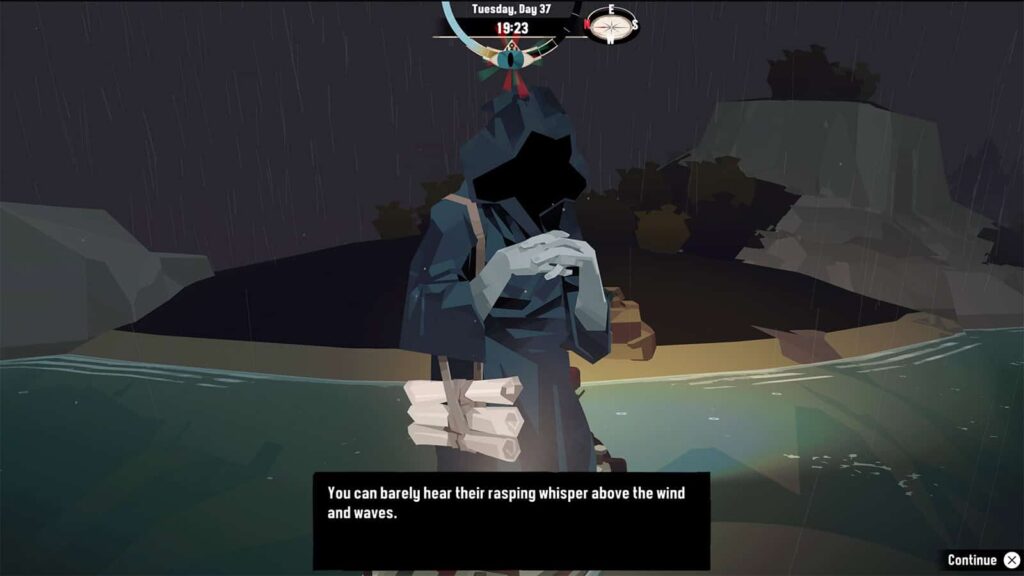 A screenshot from my Dredge game showing the Hooded Figure in Blue.