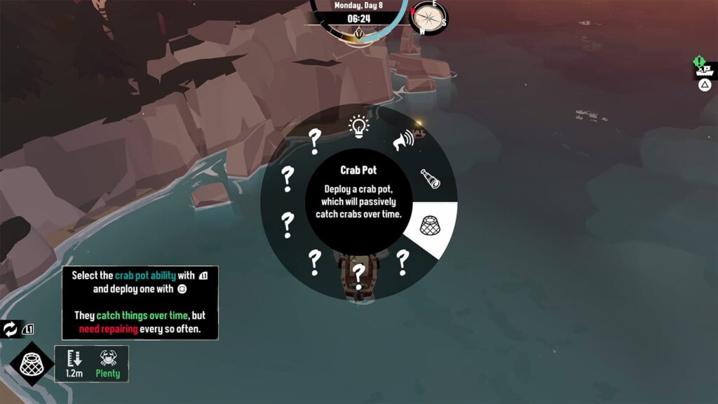 A screenshot from my Dredge game showing the Ability wheel and the Crab Pots.