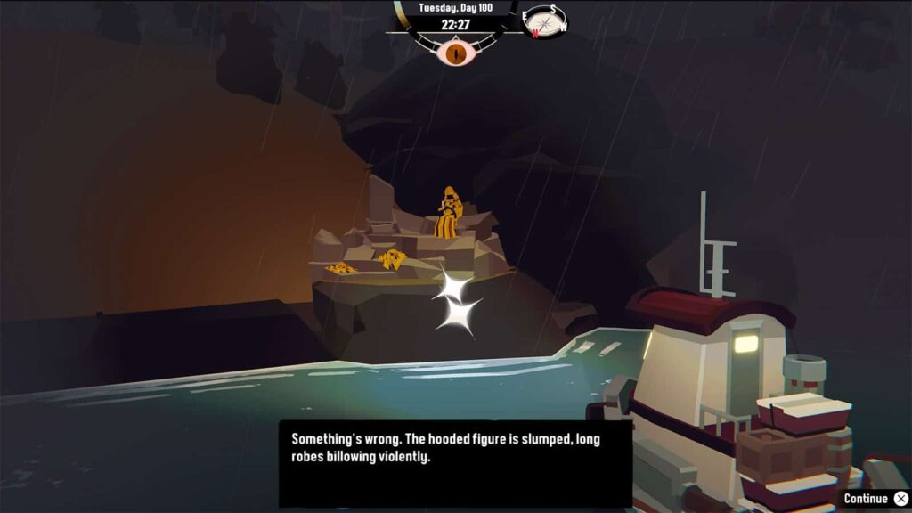 A screenshot from my Dredge game showing the Hooded Figure in Yellow dead after the Pursuit timed out.