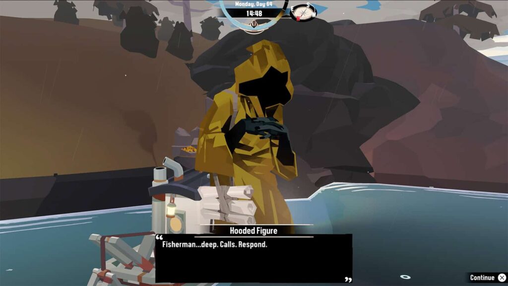 A screenshot from my Dredge game showing the Hooded Figure in Gold.