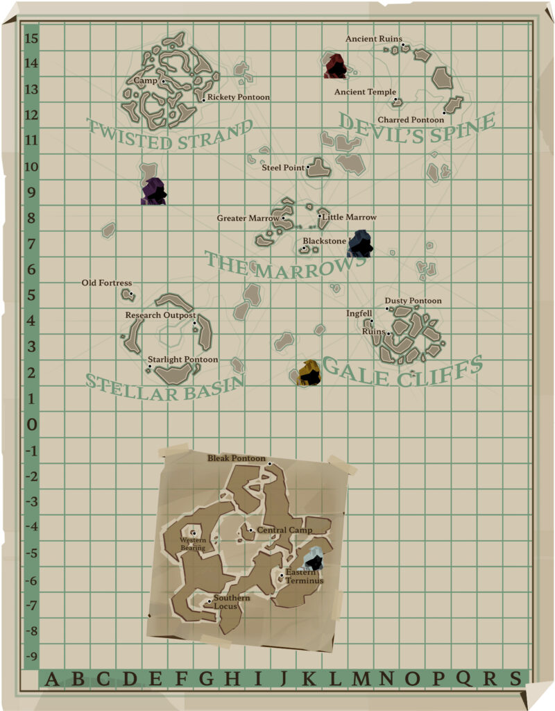 An image showing the different locations of each Hooded Figure in Dredge, including The Pale Reach.