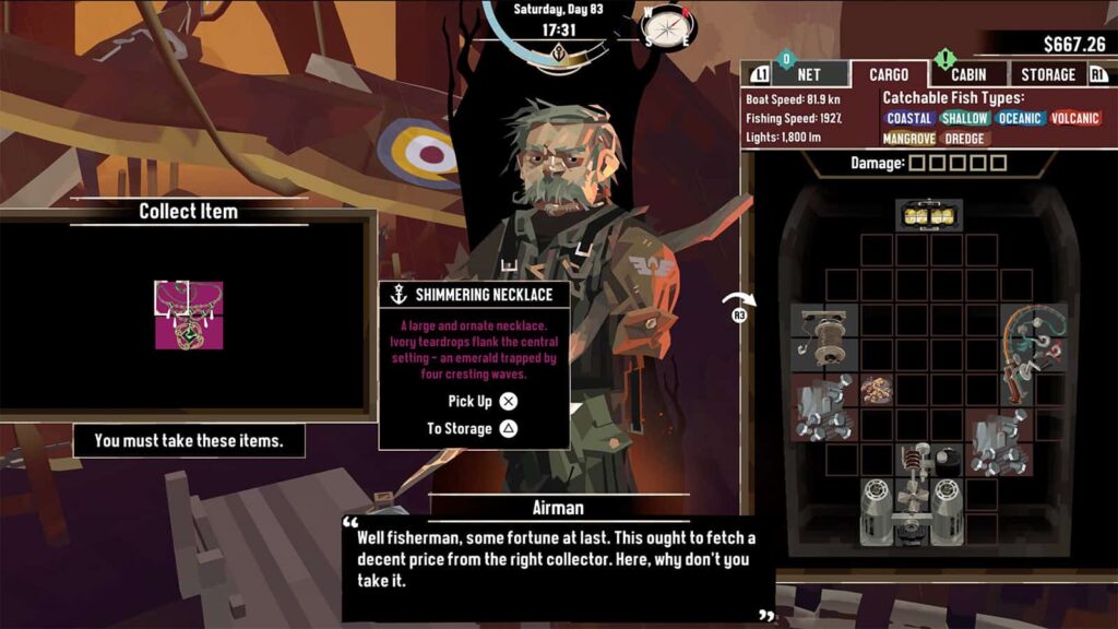 A screenshot of Dredge showing me finding the Necklace Relic.