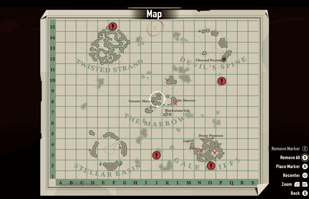 A screenshot of my Dredge game map, showing all of the camps the Old Mayor can appear at.