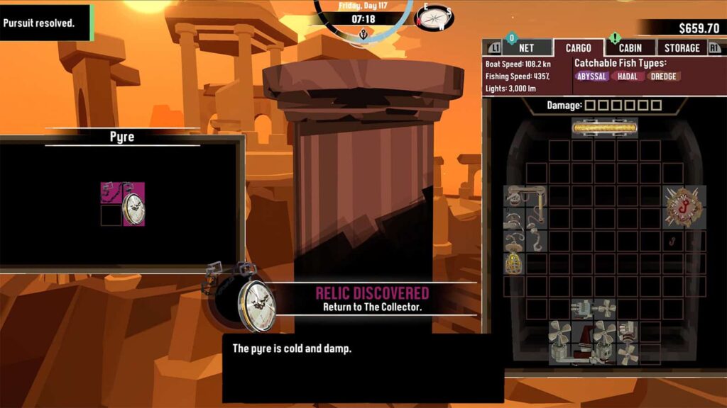 A screenshot of Dredge showing me finding the Pocket Watch Relic.