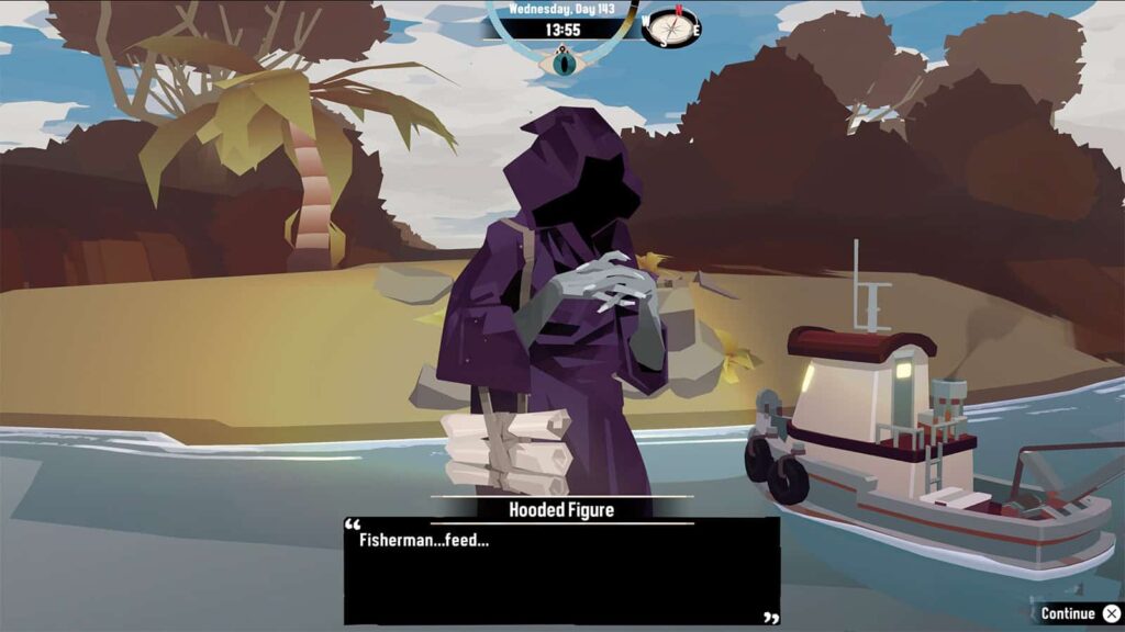A screenshot from my Dredge game showing the Hooded Figure in Purple.