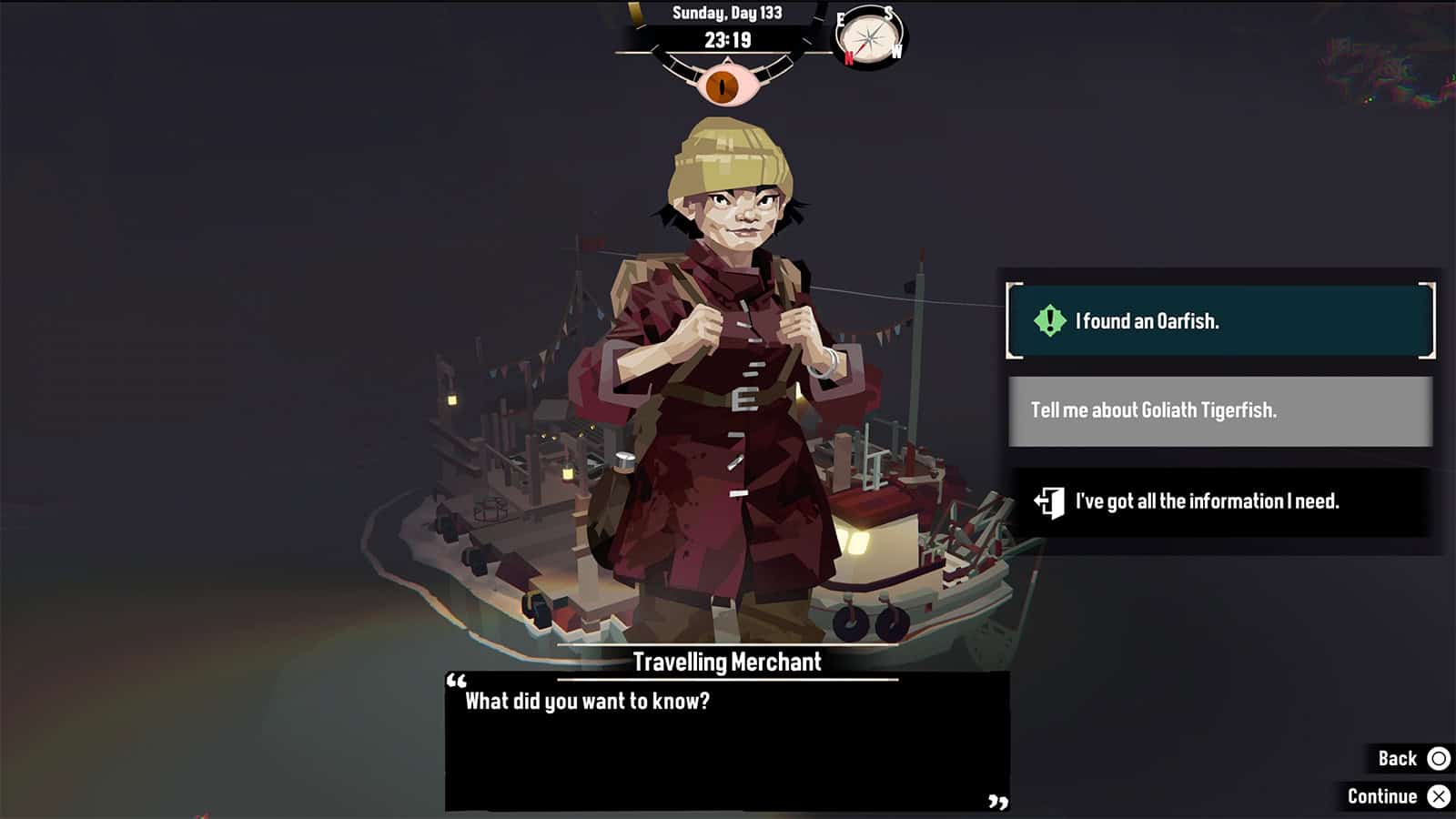A screenshot from my Dredge game showing me speaking to the Wandering Merchant.