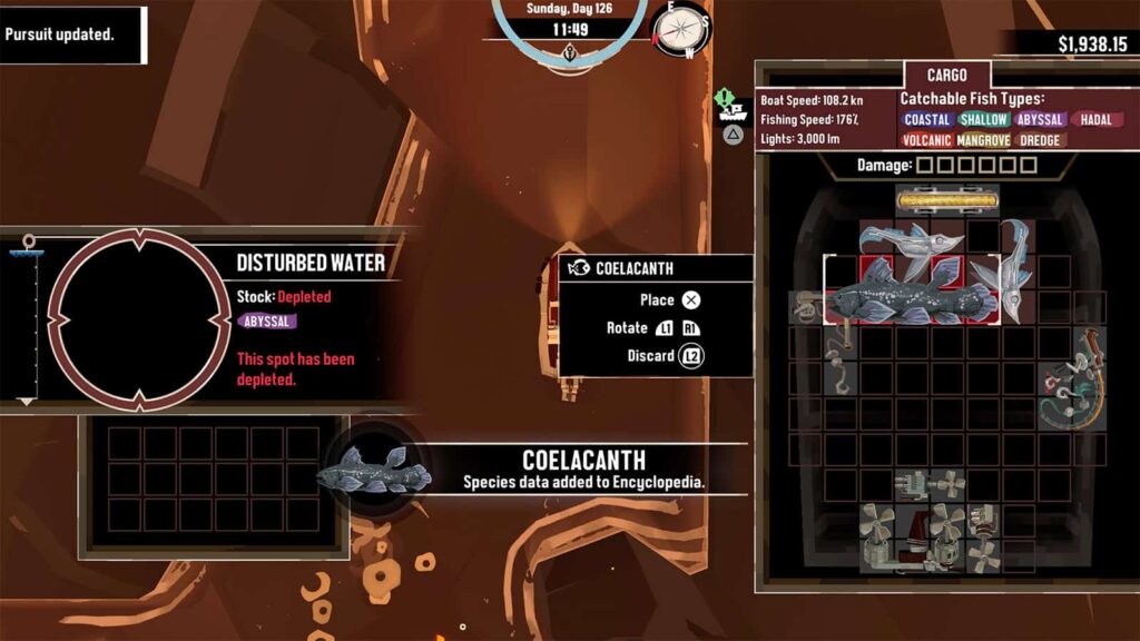 A screenshot from my Dredge game showing me catching the Coelacanth in Devil's Spine.