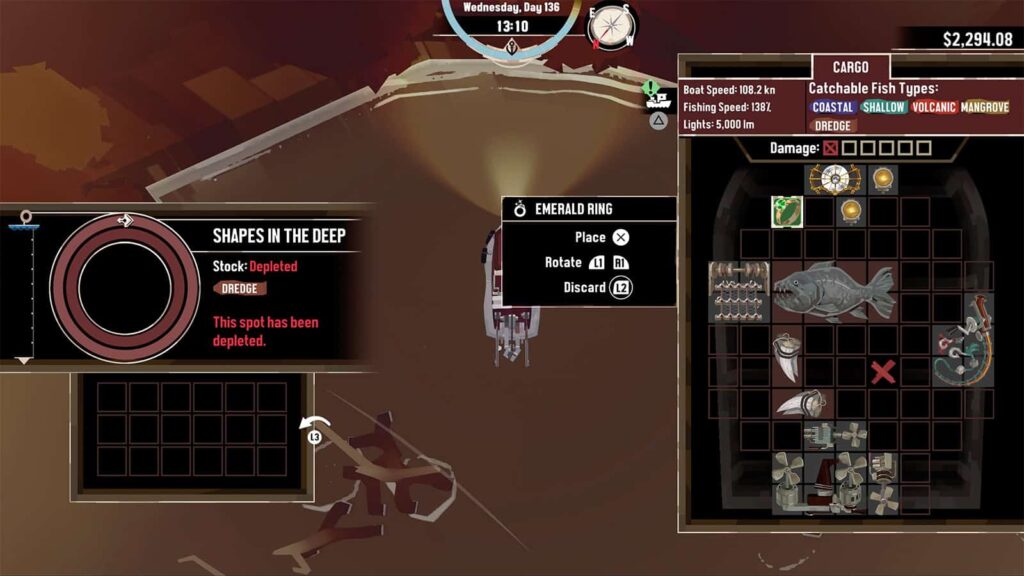 A screenshot from my Dredge game showing me dredging the Emerald Ring.