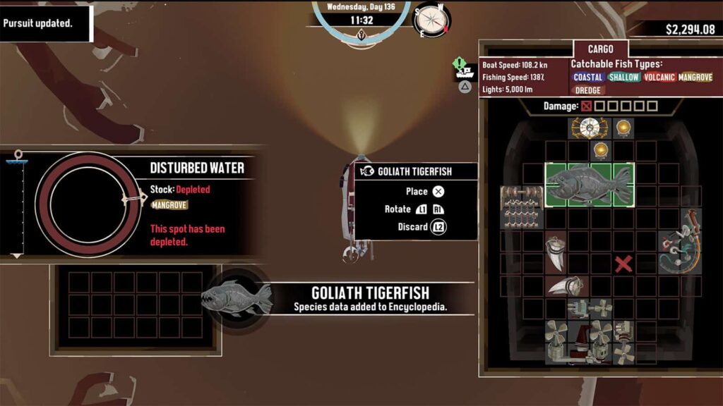 A screenshot from my Dredge game showing me catching the Goliath Tigerfish.
