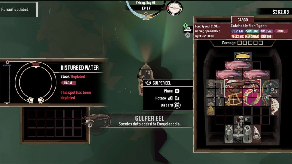 A screenshot from my Dredge game showing me catching the Gulper Eel in Stellar Basin.