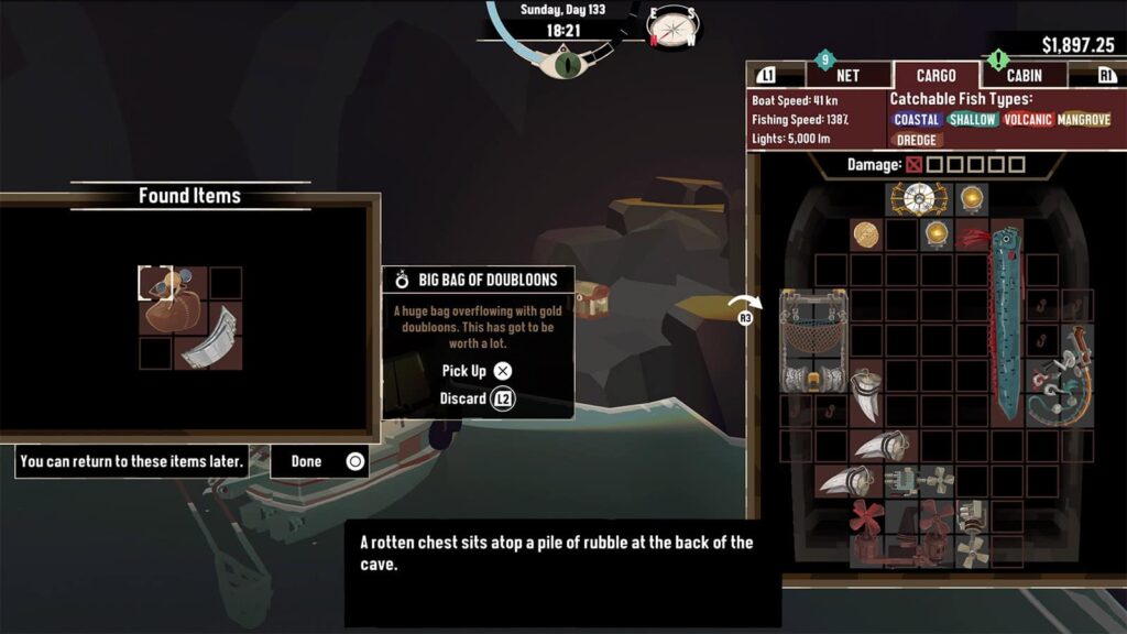 A screenshot from my Dredge game showing me inspecting the Treasure Chest in the secret cave.
