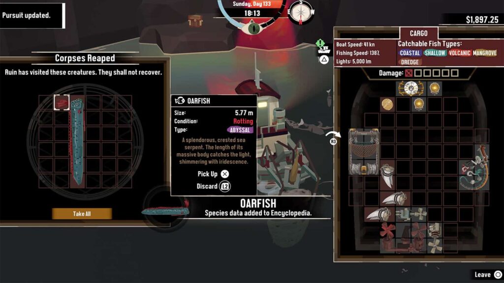 A screenshot from my Dredge game showing me catch the Oarfish.