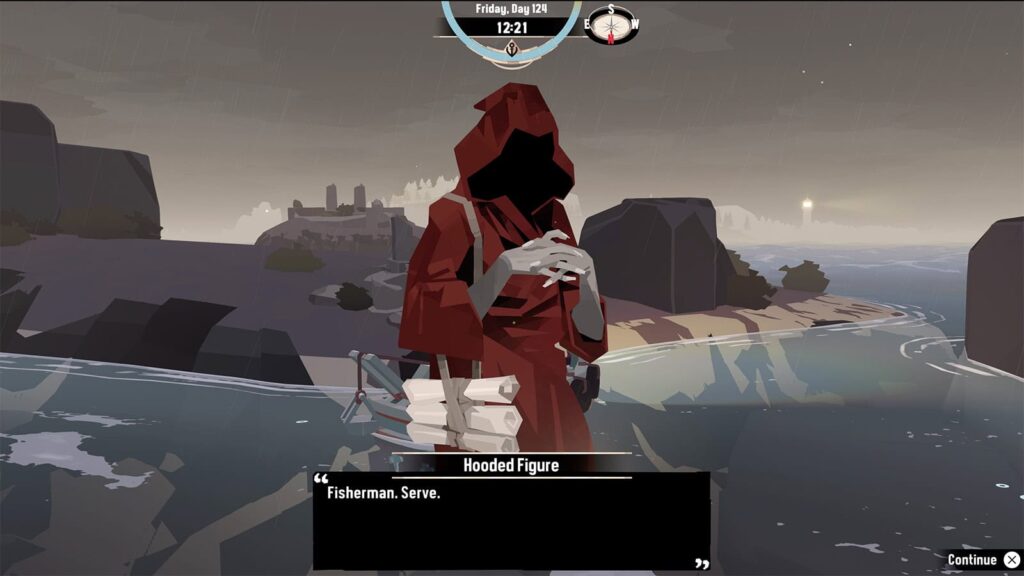 A screenshot from my Dredge game showing the Hooded Figure in Red.