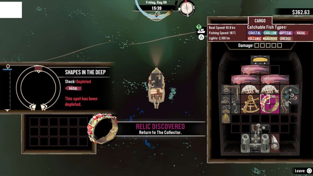 A screenshot of Dredge showing me finding the Ring Relic.