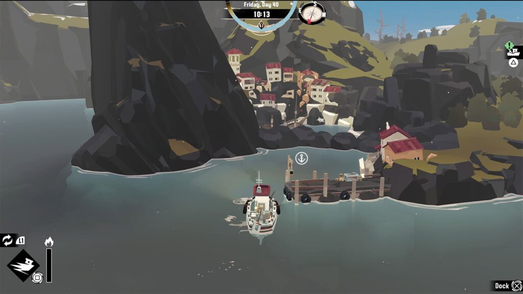 A screenshot of Dredge showing me sailing in the Hermit Bay, where you can find the Music Box Relic.
