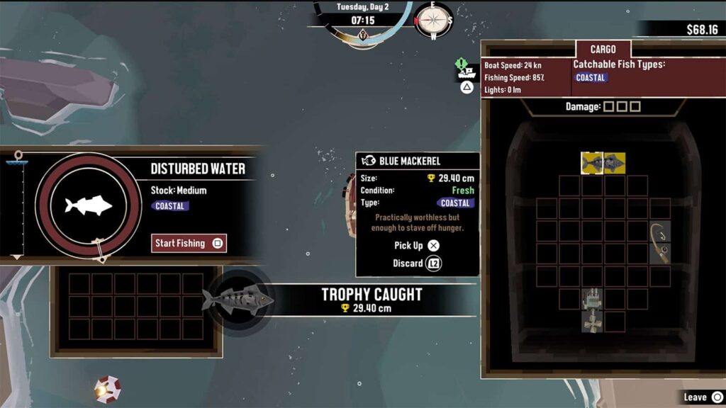 A screenshot of my Dredge game showing the gold trophy fish in your boat's hull.