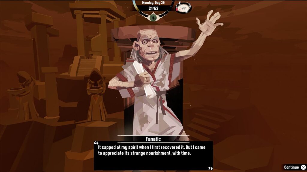 A screenshot of Dredge showing me interacting with The Fanatic.