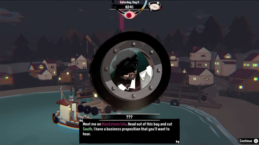 A screenshot from my Dredge game showing the mysterious stranger that visits you.