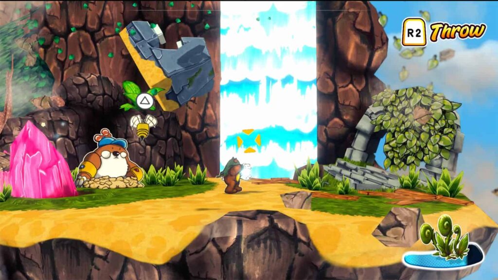 A screenshot from my preview of Ruffy and the Riverside, showing the characters plummeting down a cliff.
