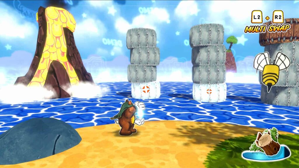 A screenshot from Ruffy and the Riverside, showing how I changed the lava texture into water.