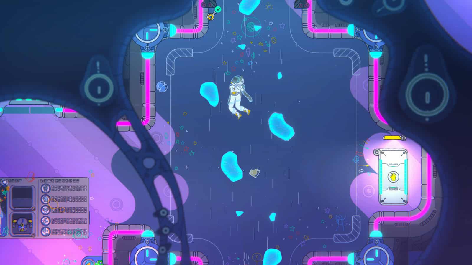 A screenshot showing Oda floating through the ship in Space Sprouts.