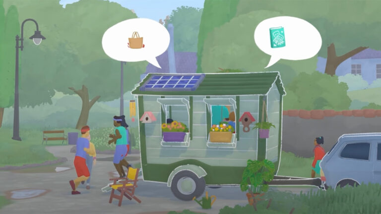 A screenshot from Tiny Bookshop showing the travelling second-hand bookshop and a few of its customers on a pedestrianised street.