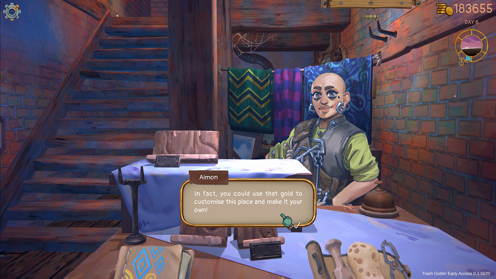 A screenshot from Trash Goblin, showing Aimon, who owns the shop.