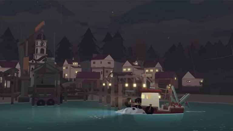 The player fishing boat in Dredge sailing past a town at night.