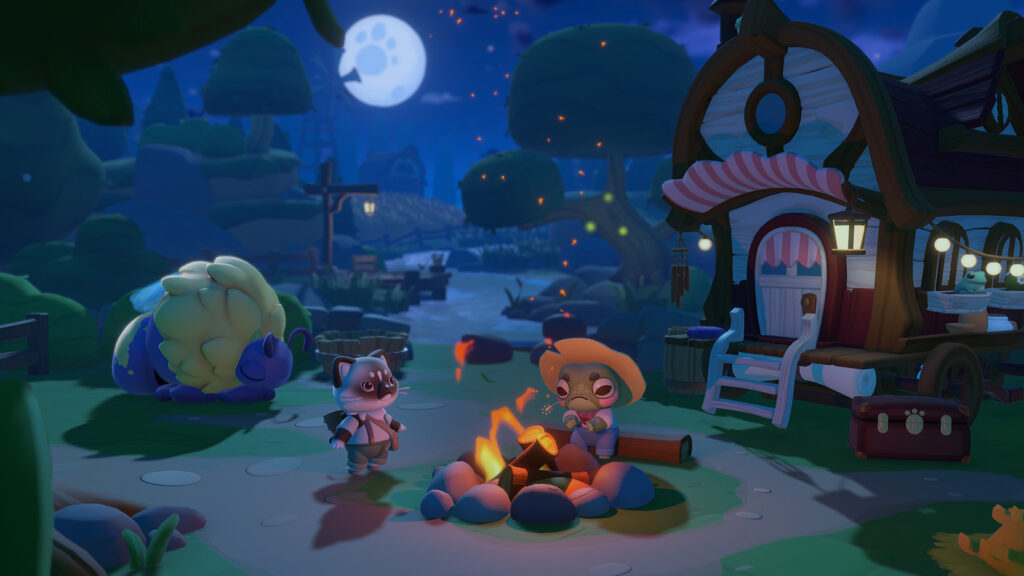 A group of animals from Cozy Caravan sitting around a campfire at night.