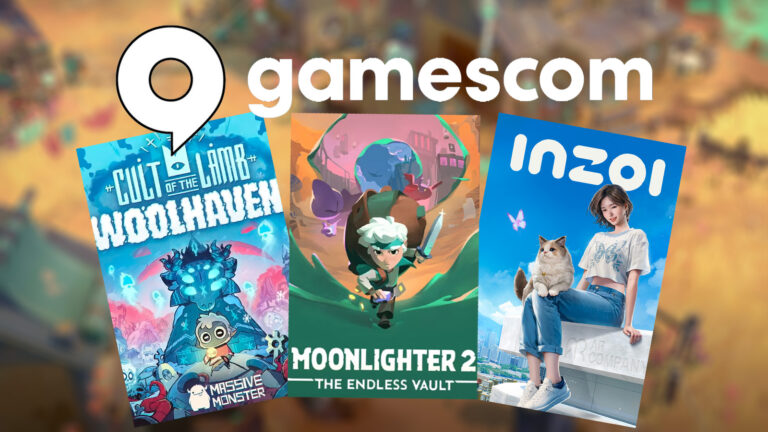 Cover art for Cult of the Lamb: Woolhaven, Moonlighter 2, and InZOI against a blurred image from the Moonlighter 2 trailer.