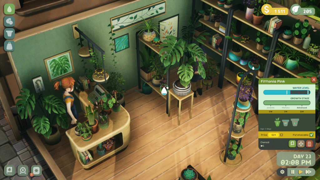 A screenshot from Leafy Corner, showing some of the customisation options available.