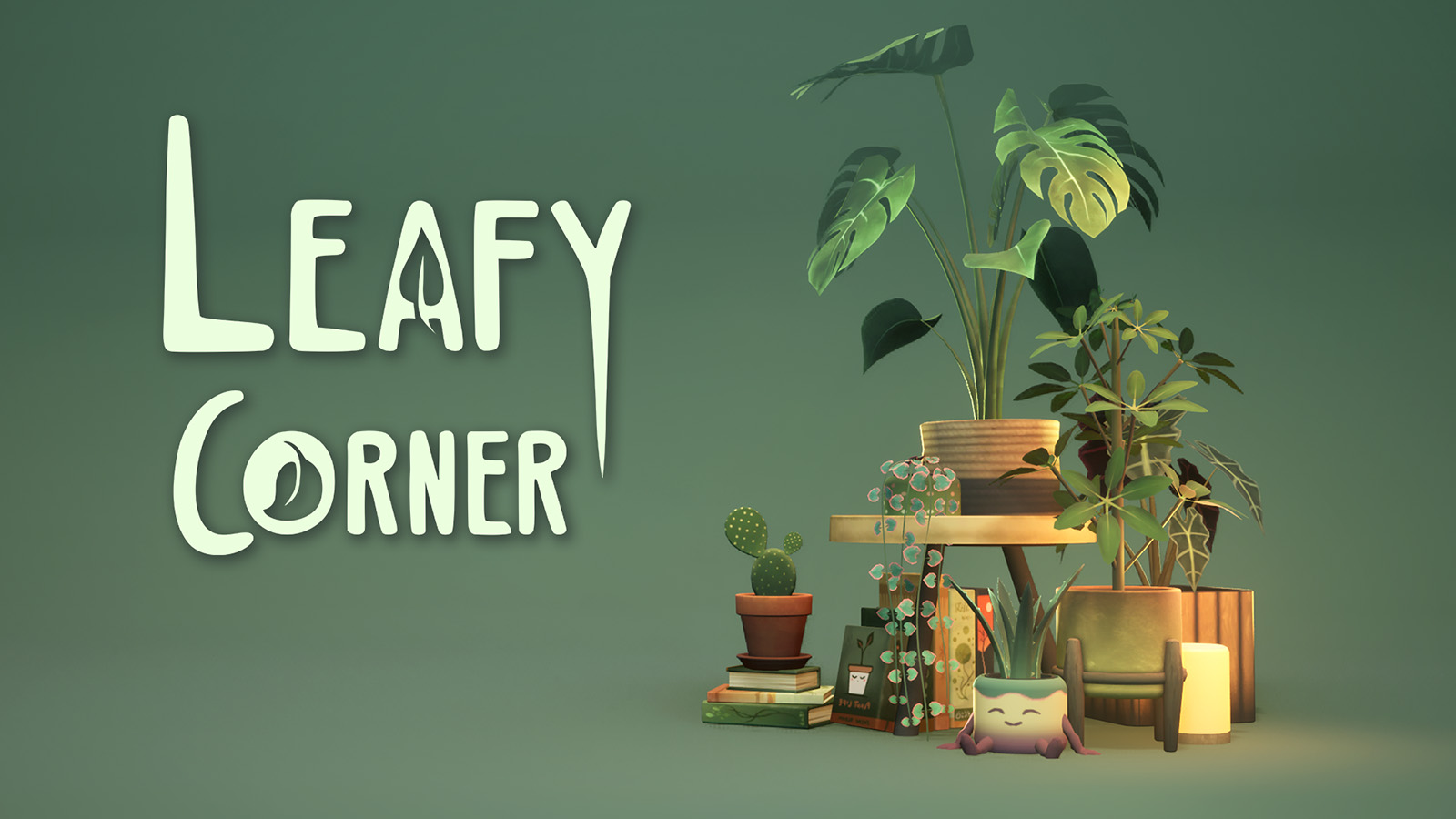 The official artwork for Leafy Corner, featuring plants and plant pots.