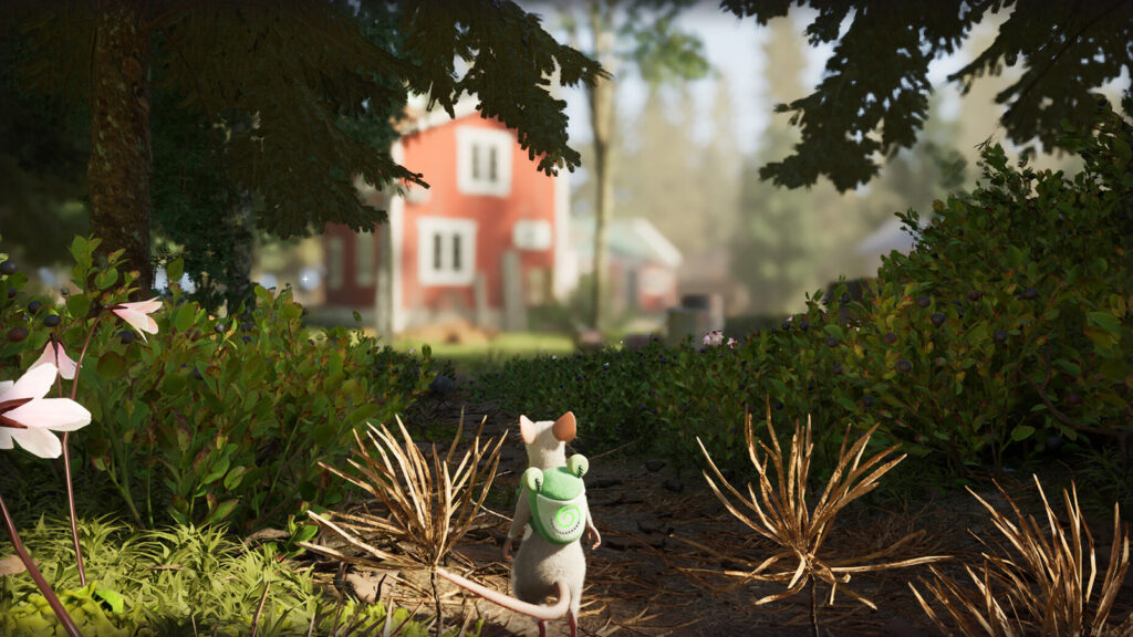 A screenshot from Hela showing the mouse exploring a suburban environment.