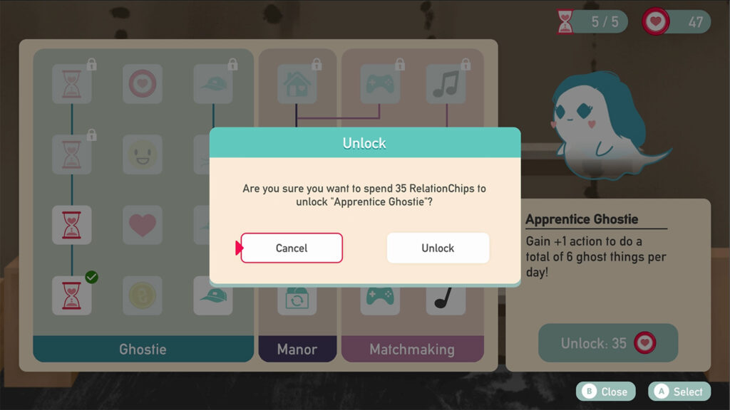 A screenshot from Love, Ghostie showing the different upgrades you can unlock.