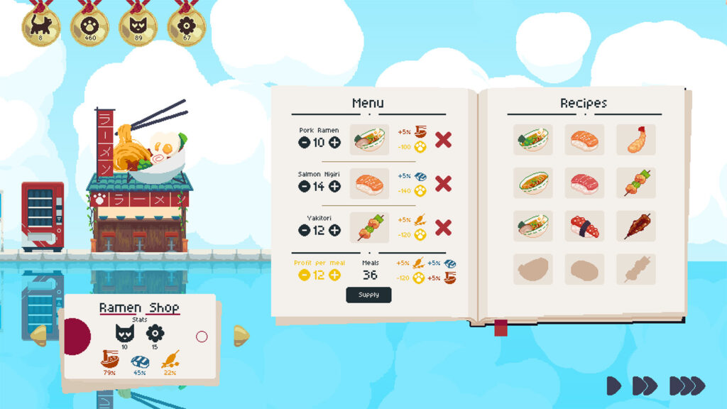 A screenshot from Cat Isle showing the player managing a restaurant.