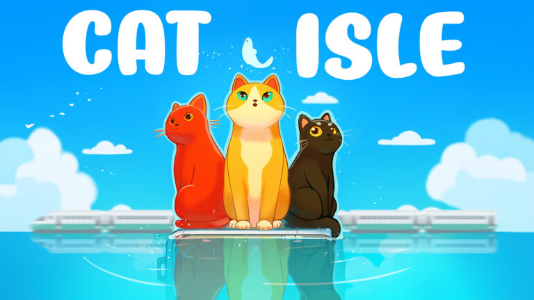 The concept art for Cat Isle, showing three cats on an island in the ocean.