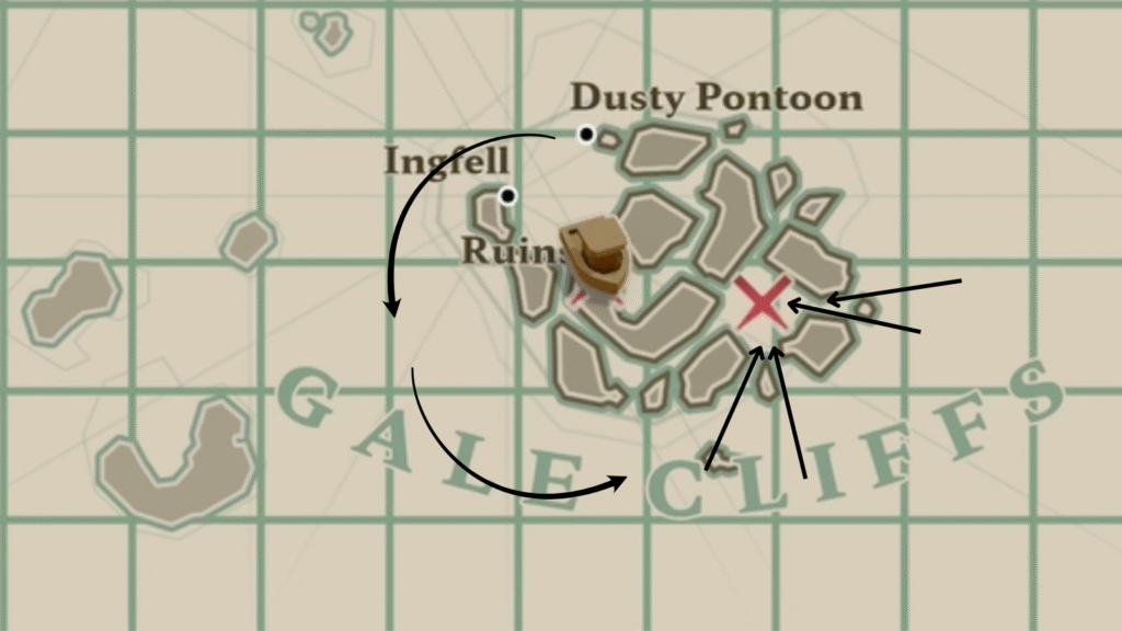 A map with arrows showing the best way to reach the Family Crest in Dredge.