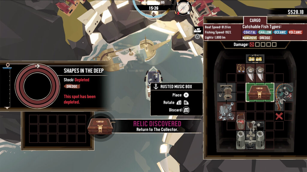 A screenshot from Dredge showing me dredging the Music Box Relic.