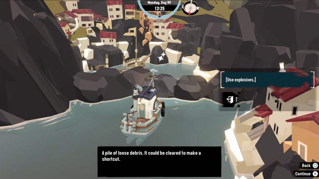 A screenshot from Dredge showing the wall of debris you can destroy to locate the Music Box.