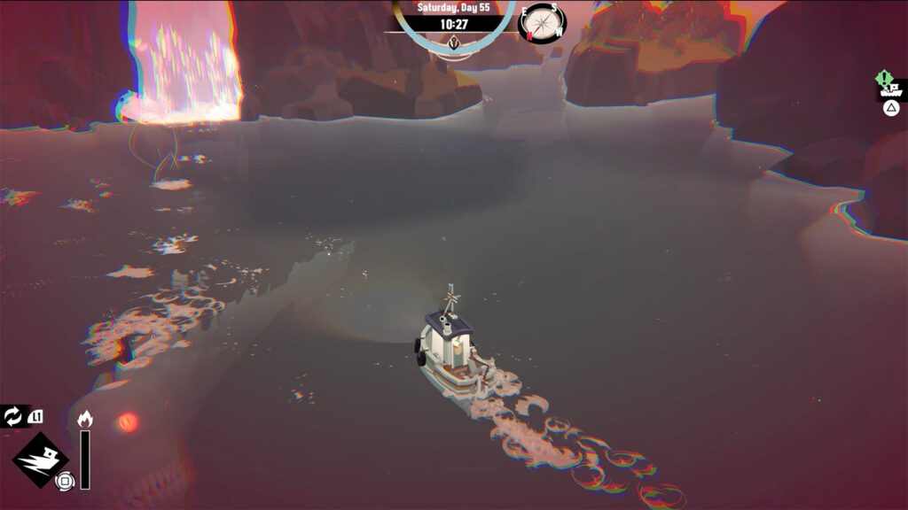 A screenshot from Dredge showing the snake monster in Gale Cliffs.