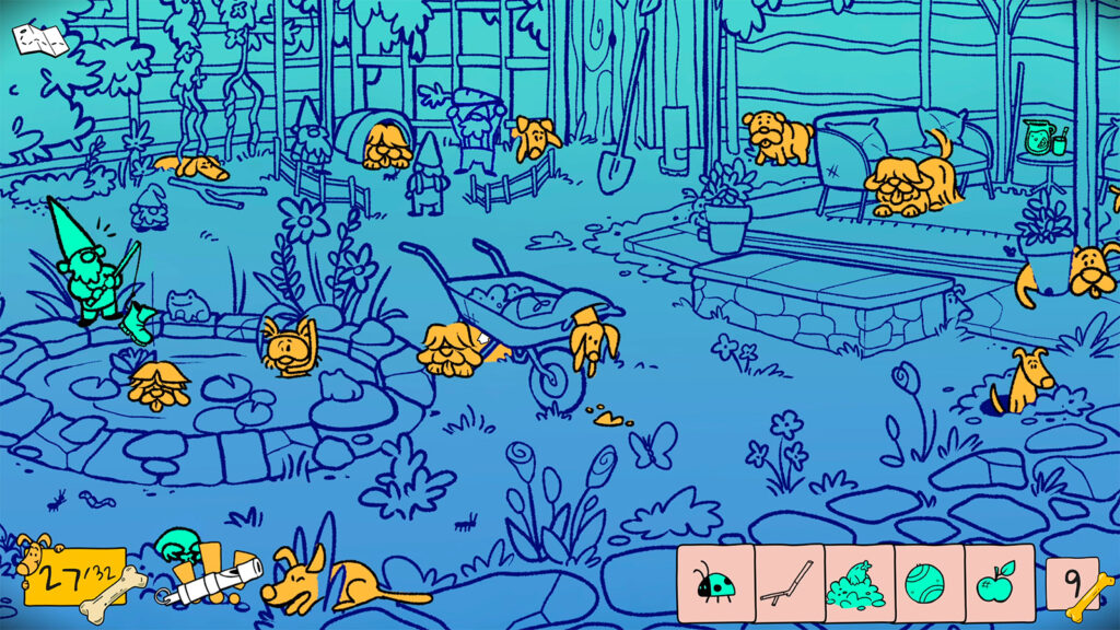 A blue garden environment with yellow dogs that have been found in a screenshot from Hidden Dogs In the Dog House.