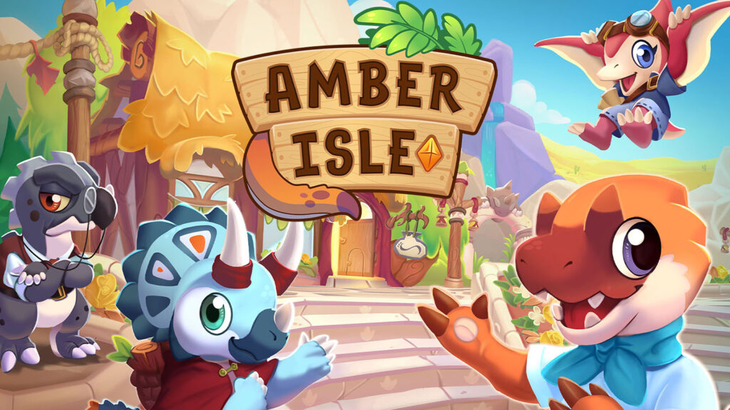 The official artwork for Amber Island, showing some of the game's prehistoric characters.